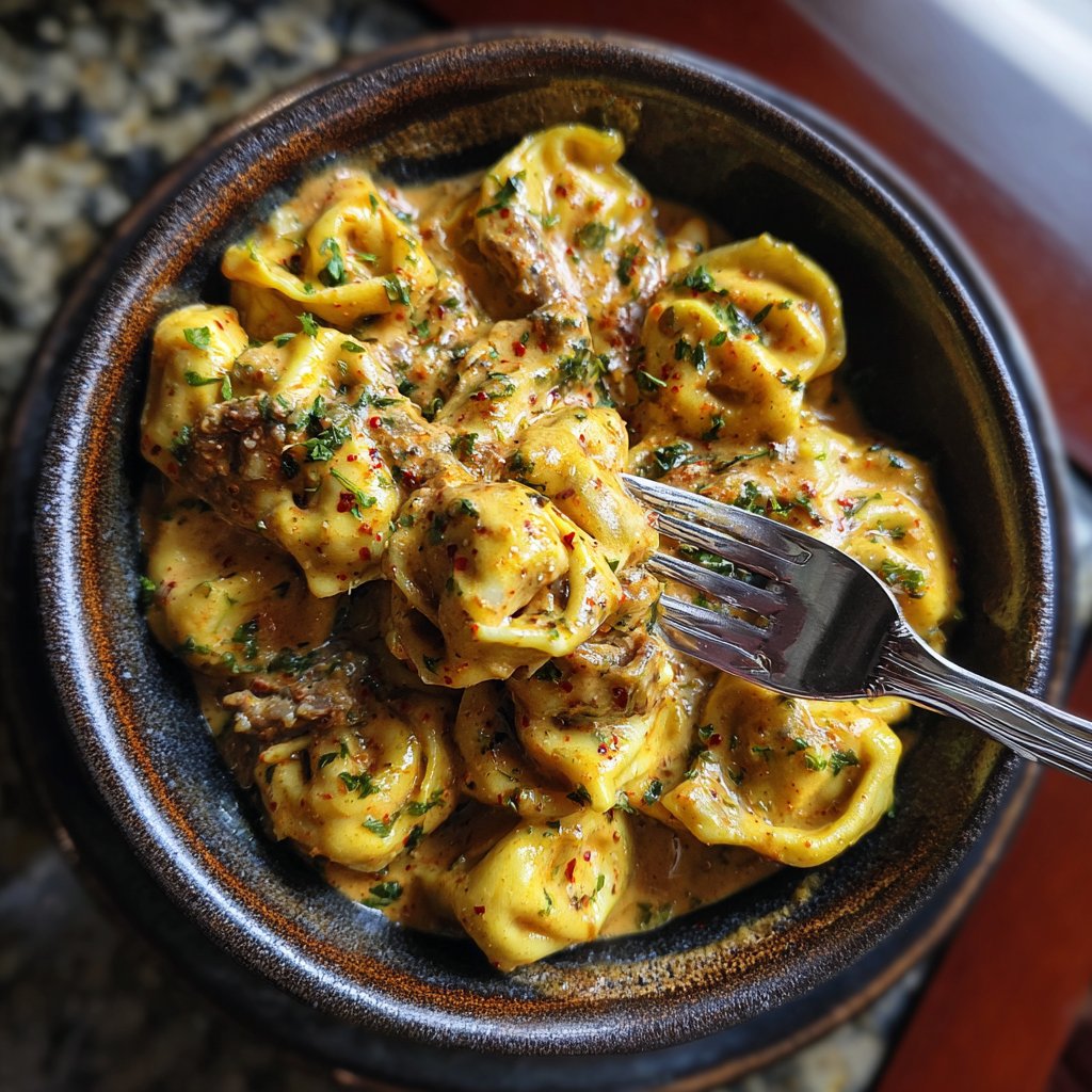 Garlic Steak Tortellini with Smoky Paprika Cream